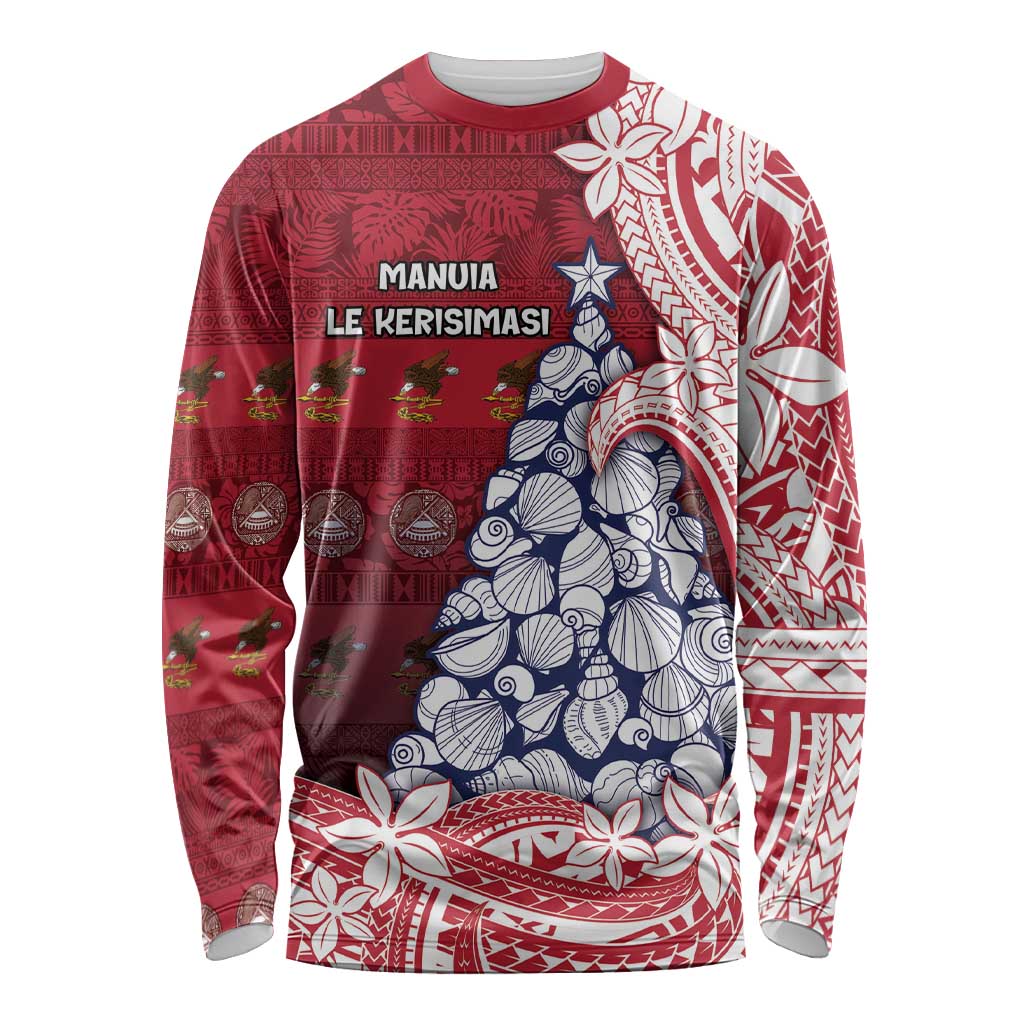 American Samoa Christmas Long Sleeve Shirt Seashell Xmas Tree Tribal Waves DT05 Unisex Red - Polynesian Pride