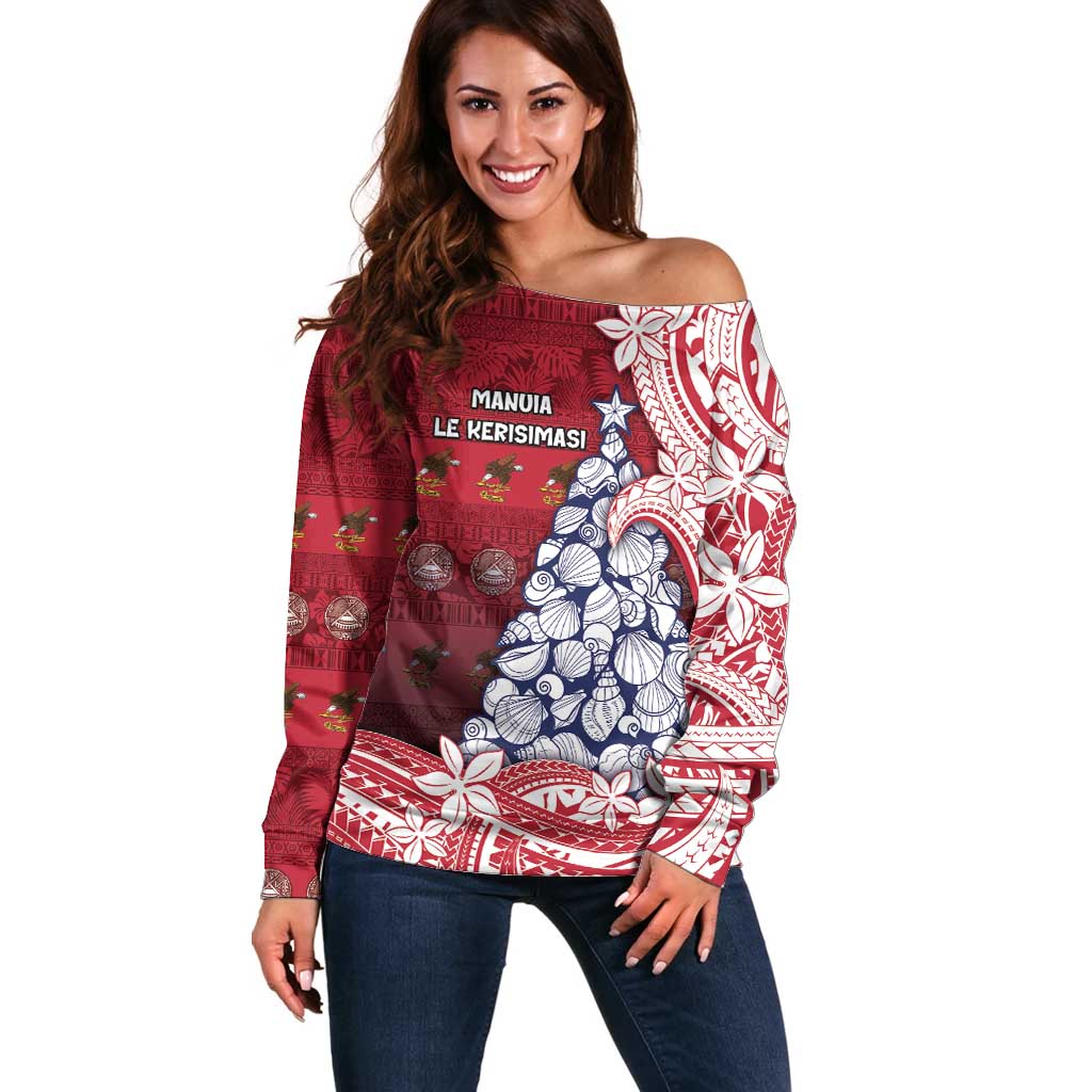 American Samoa Christmas Off Shoulder Sweater Seashell Xmas Tree Tribal Waves - Polynesian Pride
