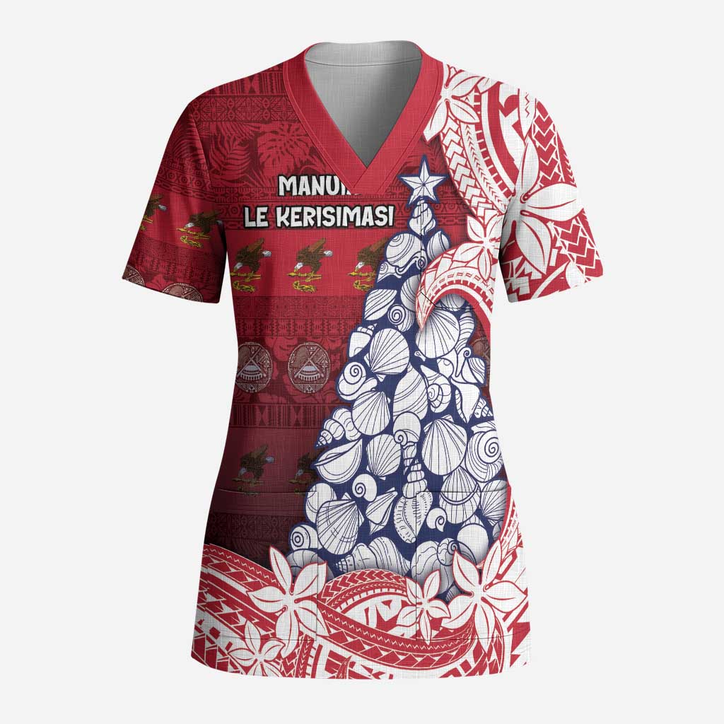 American Samoa Christmas Scrub Top Seashell Xmas Tree Tribal Waves DT05 Adult Red - Polynesian Pride