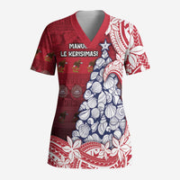 American Samoa Christmas Scrub Top Seashell Xmas Tree Tribal Waves DT05 Adult Red - Polynesian Pride