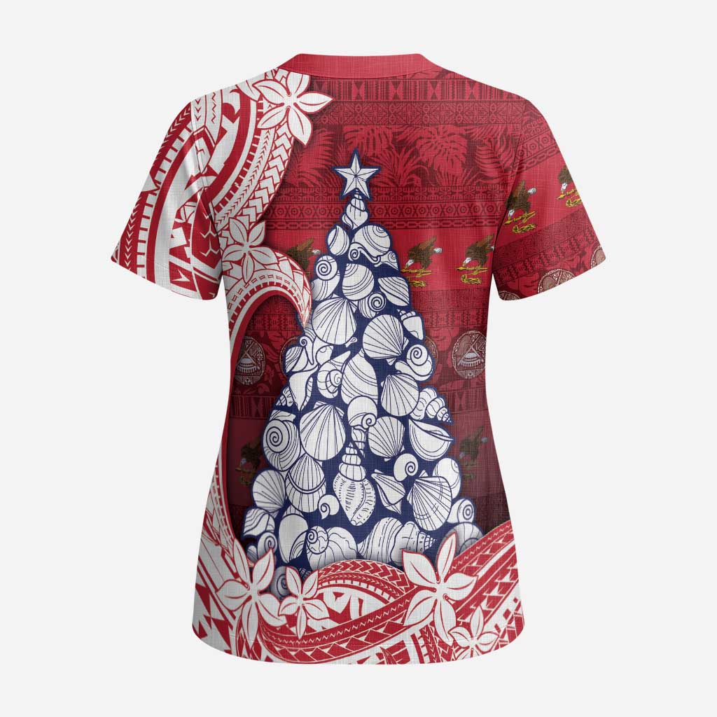 American Samoa Christmas Scrub Top Seashell Xmas Tree Tribal Waves DT05 - Polynesian Pride