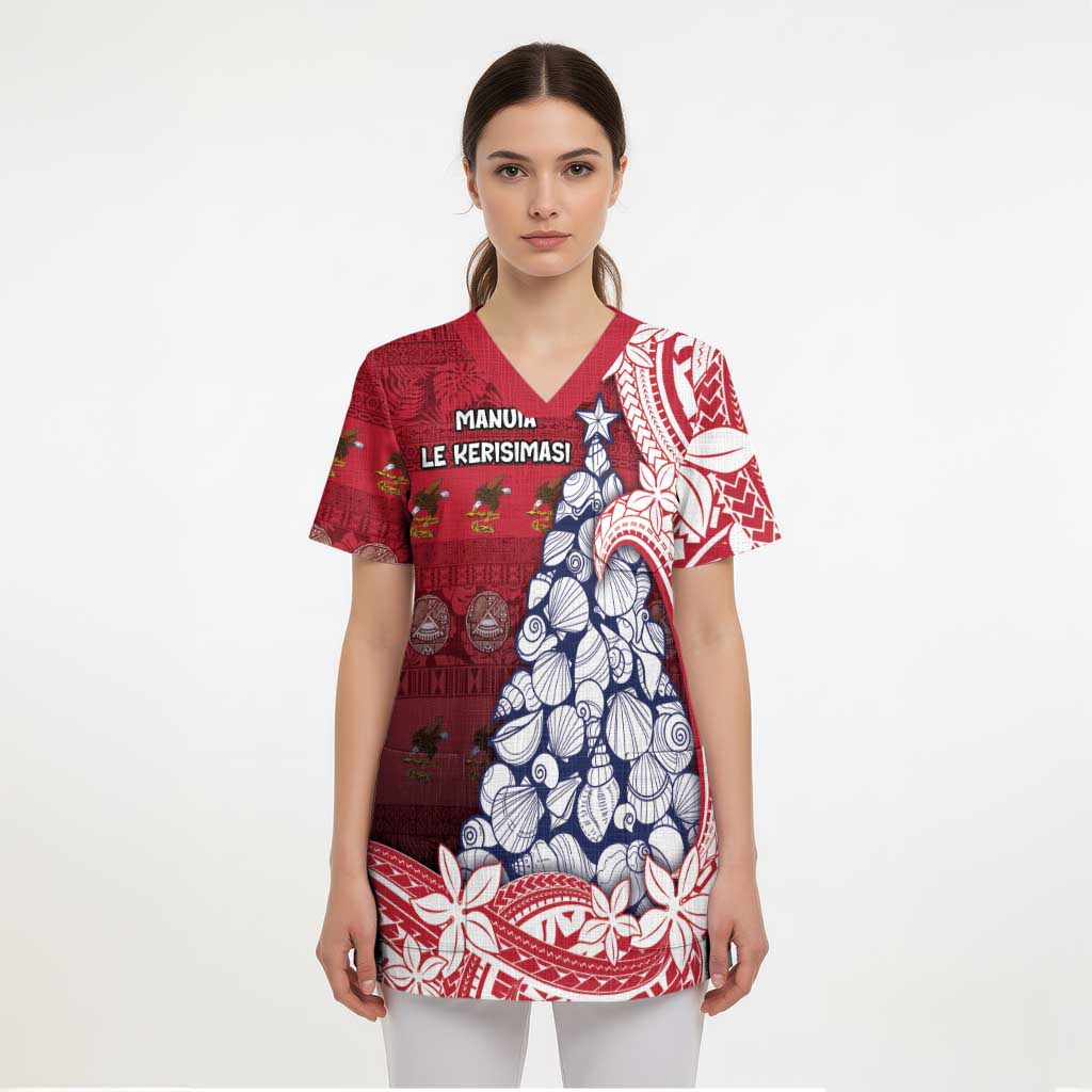 American Samoa Christmas Scrub Top Seashell Xmas Tree Tribal Waves DT05 - Polynesian Pride