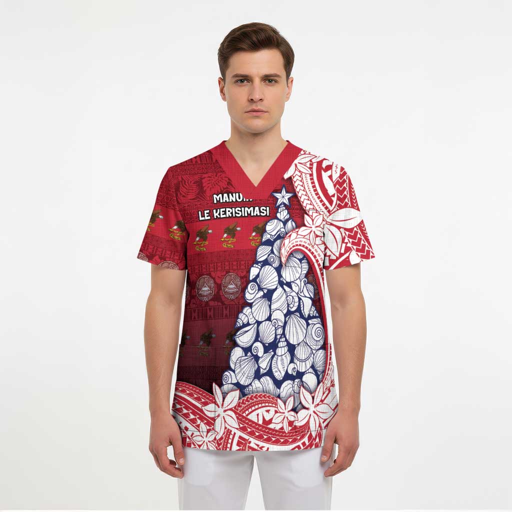 American Samoa Christmas Scrub Top Seashell Xmas Tree Tribal Waves DT05 - Polynesian Pride