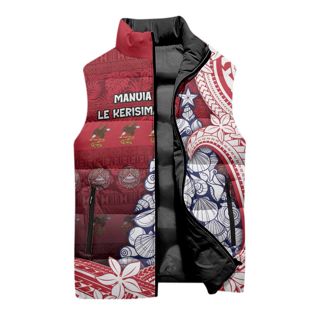 American Samoa Christmas Sleeveless Puffer Jacket Seashell Xmas Tree Tribal Waves DT05 - Polynesian Pride