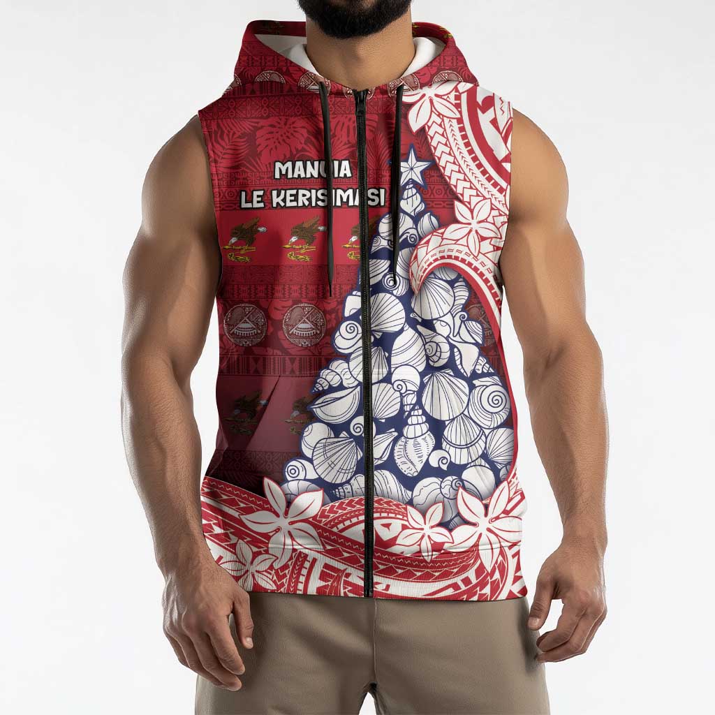 American Samoa Christmas Sleeveless Zip Hoodie Seashell Xmas Tree Tribal Waves DT05