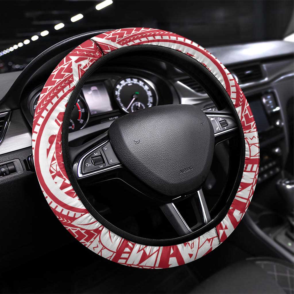American Samoa Christmas Steering Wheel Cover Seashell Xmas Tree Tribal Waves DT05 Universal Fit Red - Polynesian Pride