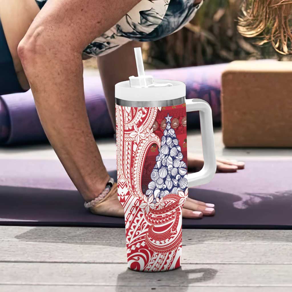 American Samoa Christmas Tumbler With Handle Seashell Xmas Tree Tribal Waves - Polynesian Pride
