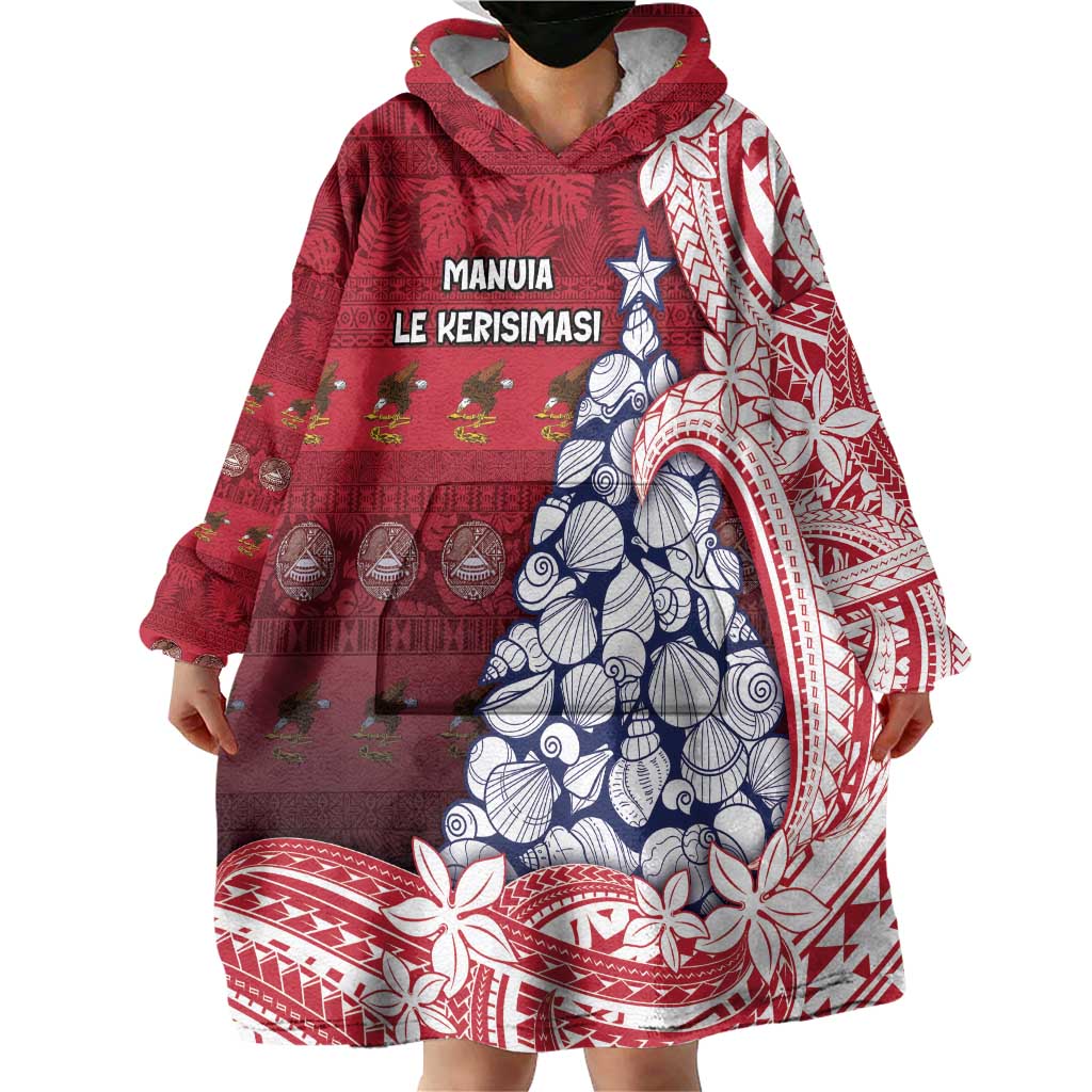 American Samoa Christmas Wearable Blanket Hoodie Seashell Xmas Tree Tribal Waves - Polynesian Pride
