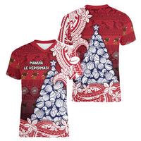 American Samoa Christmas Women V-Neck T-Shirt Seashell Xmas Tree Tribal Waves - Polynesian Pride
