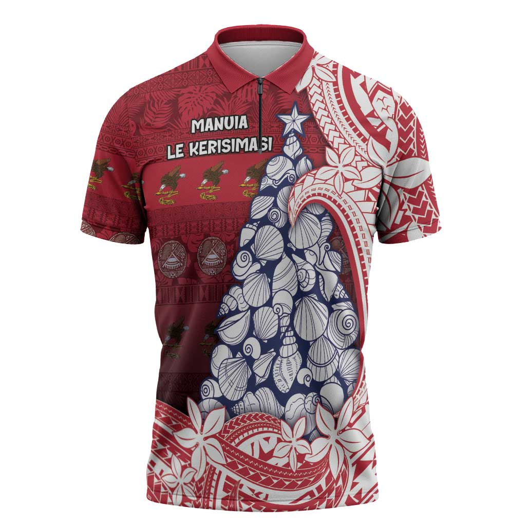 American Samoa Christmas Zipper Polo Shirt Seashell Xmas Tree Tribal Waves DT05 Red - Polynesian Pride