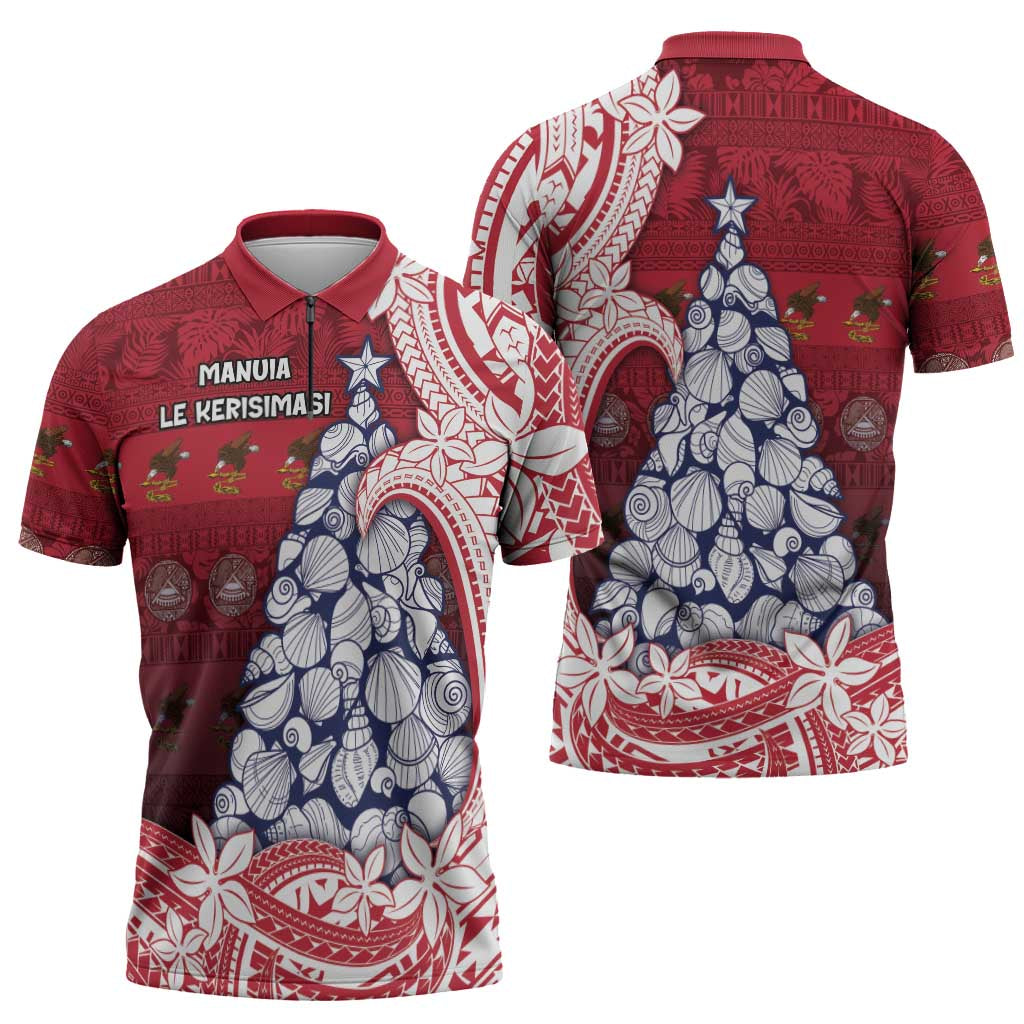 American Samoa Christmas Zipper Polo Shirt Seashell Xmas Tree Tribal Waves DT05 - Polynesian Pride