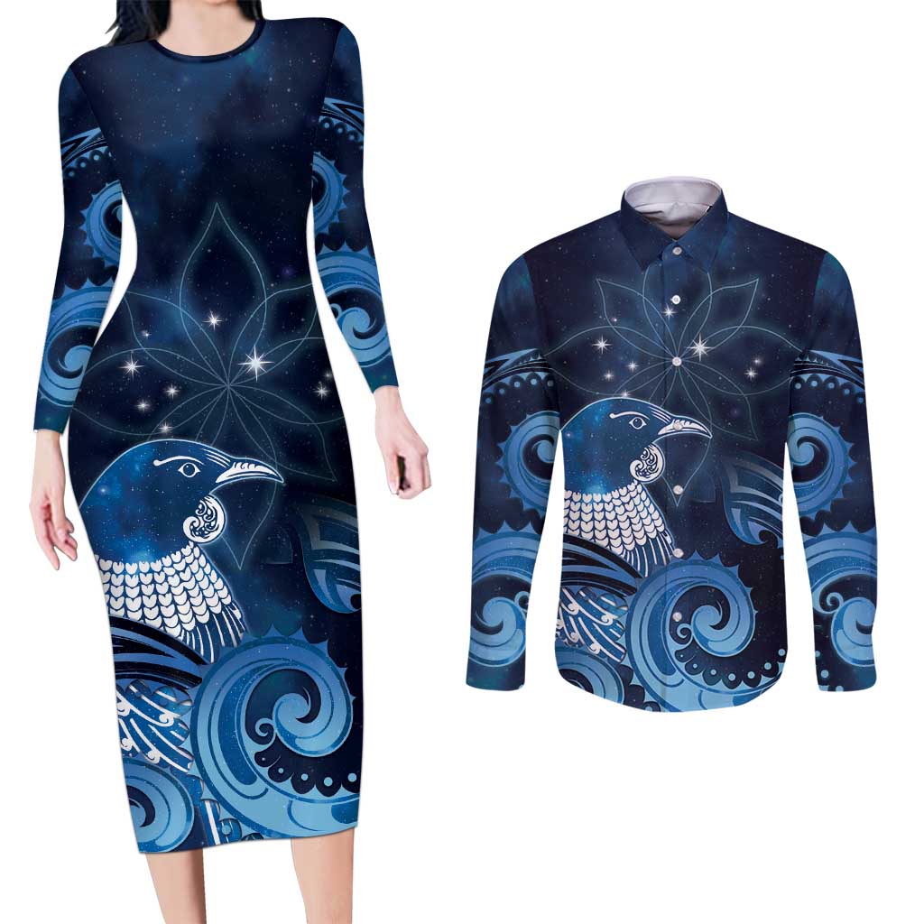 New Zealand Matariki Couples Matching Long Sleeve Bodycon Dress and Long Sleeve Button Shirt Maori Tui Bird Blue Galaxy