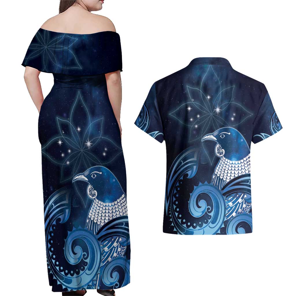 New Zealand Matariki Couples Matching Off Shoulder Maxi Dress and Hawaiian Shirt Maori Tui Bird Blue Galaxy