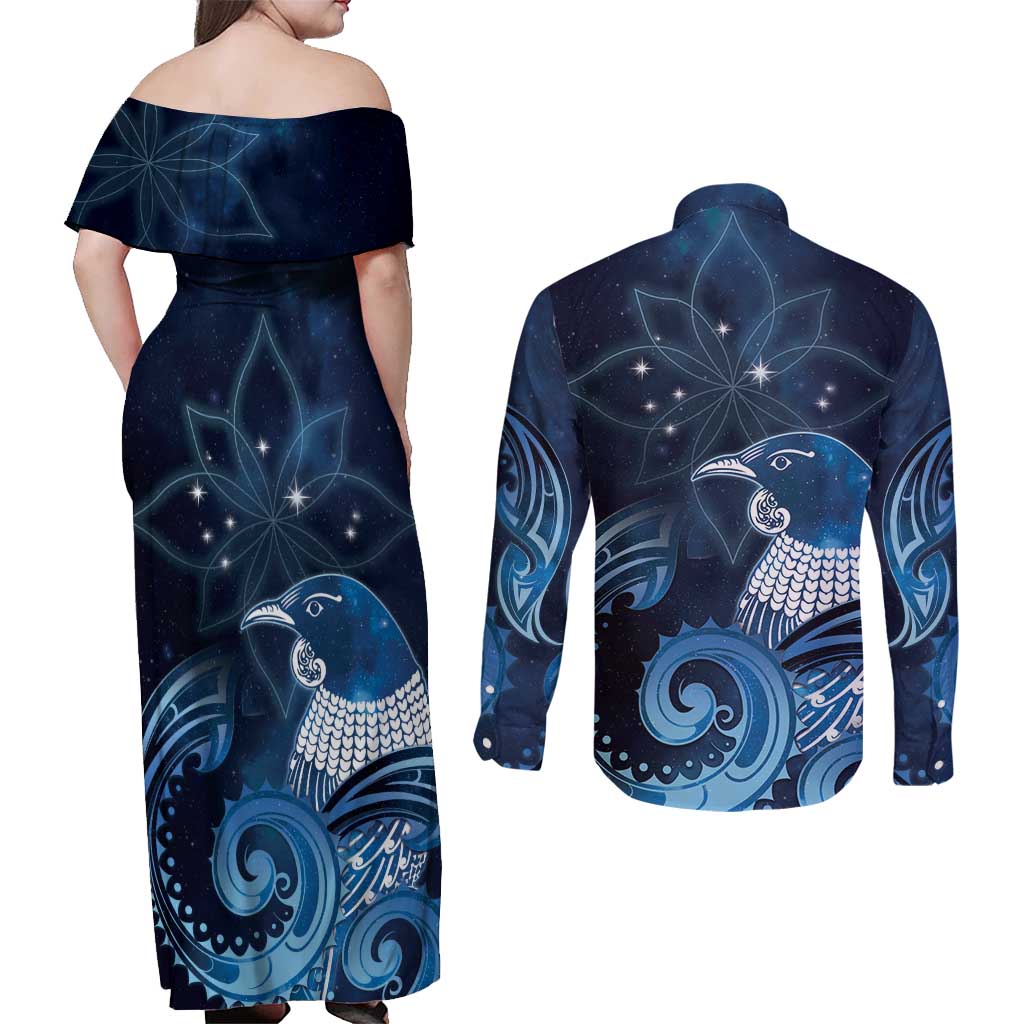 New Zealand Matariki Couples Matching Off Shoulder Maxi Dress and Long Sleeve Button Shirt Maori Tui Bird Blue Galaxy