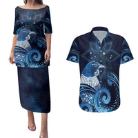 New Zealand Matariki Couples Matching Puletasi and Hawaiian Shirt Maori Tui Bird Blue Galaxy DT05 Blue - Polynesian Pride