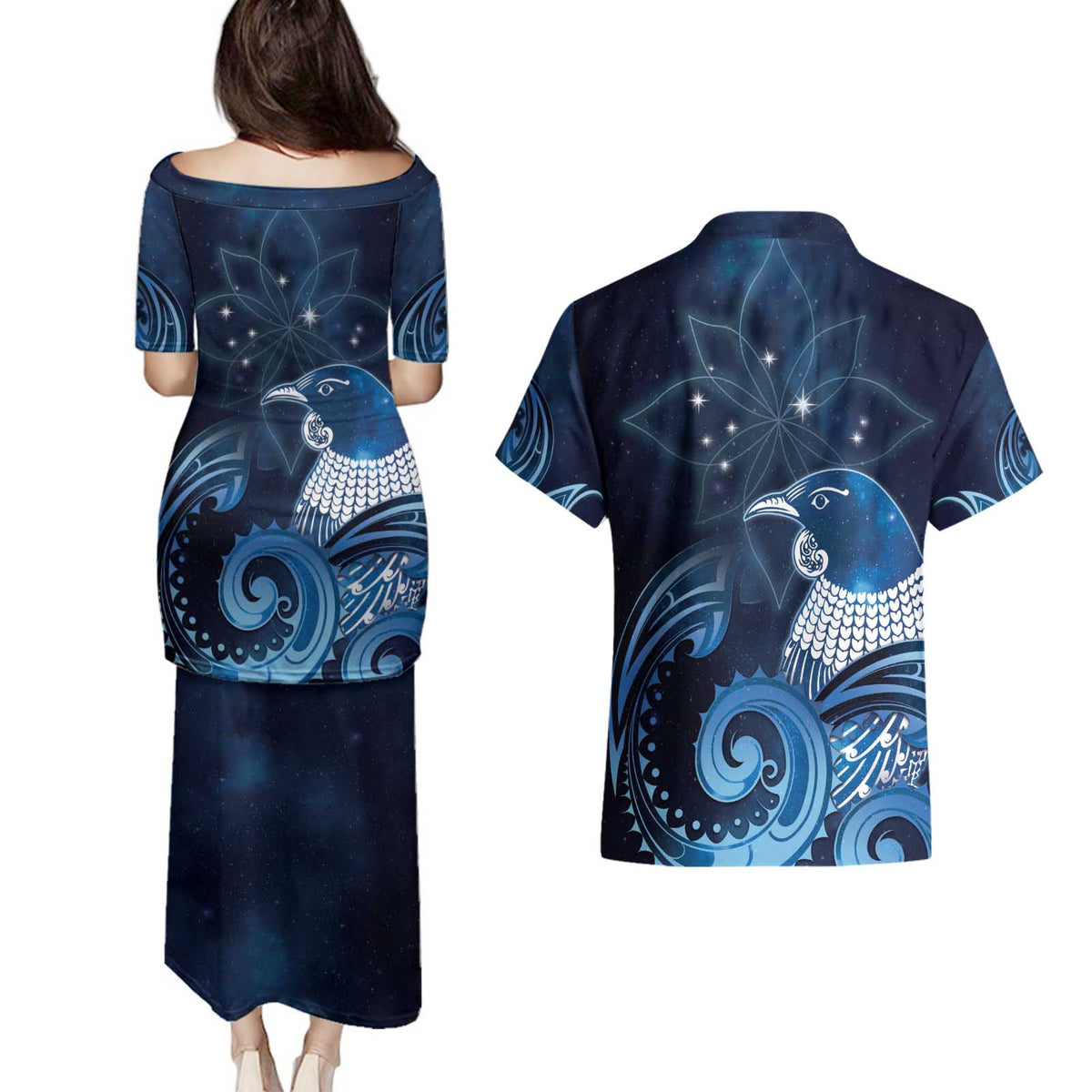 New Zealand Matariki Couples Matching Puletasi and Hawaiian Shirt Maori Tui Bird Blue Galaxy DT05 - Polynesian Pride