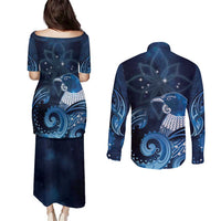 New Zealand Matariki Couples Matching Puletasi and Long Sleeve Button Shirt Maori Tui Bird Blue Galaxy DT05 - Polynesian Pride