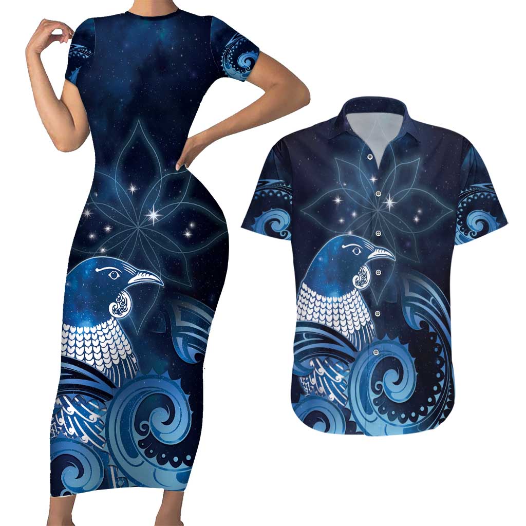 New Zealand Matariki Couples Matching Short Sleeve Bodycon Dress and Hawaiian Shirt Maori Tui Bird Blue Galaxy