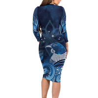 New Zealand Matariki Family Matching Long Sleeve Bodycon Dress and Hawaiian Shirt Maori Tui Bird Blue Galaxy