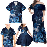New Zealand Matariki Family Matching Off Shoulder Maxi Dress and Hawaiian Shirt Maori Tui Bird Blue Galaxy