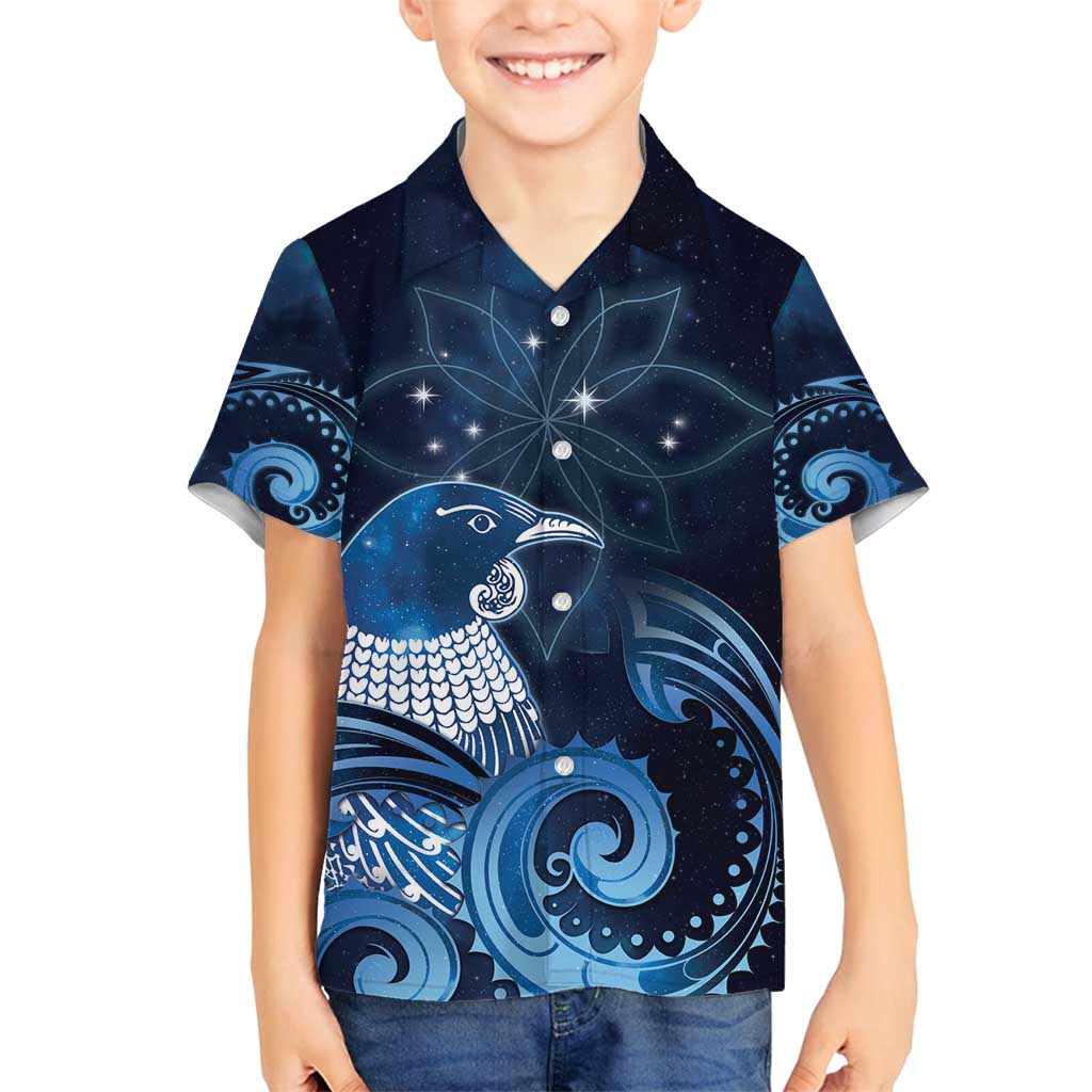 New Zealand Matariki Family Matching Off Shoulder Maxi Dress and Hawaiian Shirt Maori Tui Bird Blue Galaxy