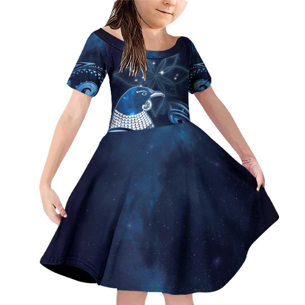 New Zealand Matariki Family Matching Off Shoulder Short Dress and Hawaiian Shirt Maori Tui Bird Blue Galaxy