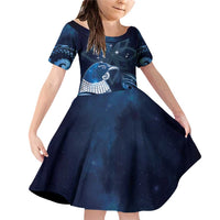 New Zealand Matariki Family Matching Off Shoulder Short Dress and Hawaiian Shirt Maori Tui Bird Blue Galaxy