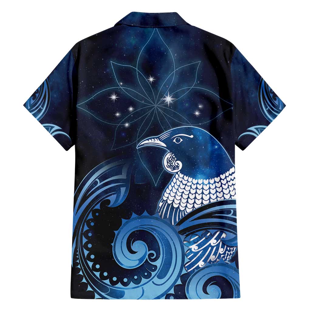 New Zealand Matariki Family Matching Off Shoulder Short Dress and Hawaiian Shirt Maori Tui Bird Blue Galaxy