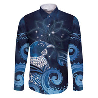 New Zealand Matariki Family Matching Puletasi and Hawaiian Shirt Maori Tui Bird Blue Galaxy DT05 Dad's Shirt - Long Sleeve Blue - Polynesian Pride