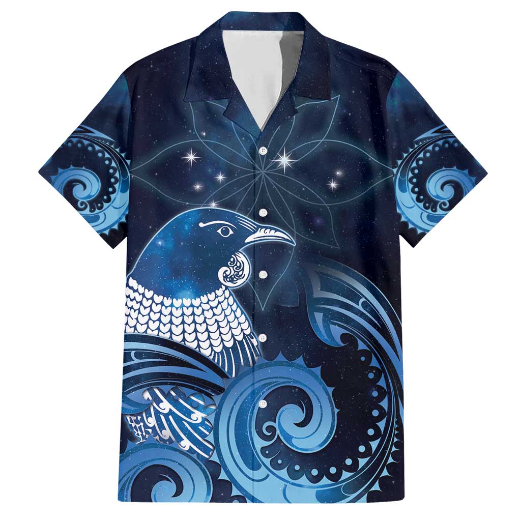 New Zealand Matariki Family Matching Short Sleeve Bodycon Dress and Hawaiian Shirt Maori Tui Bird Blue Galaxy