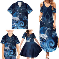 New Zealand Matariki Family Matching Summer Maxi Dress and Hawaiian Shirt Maori Tui Bird Blue Galaxy