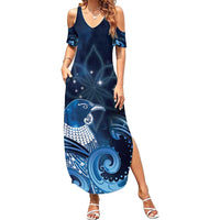 New Zealand Matariki Family Matching Summer Maxi Dress and Hawaiian Shirt Maori Tui Bird Blue Galaxy