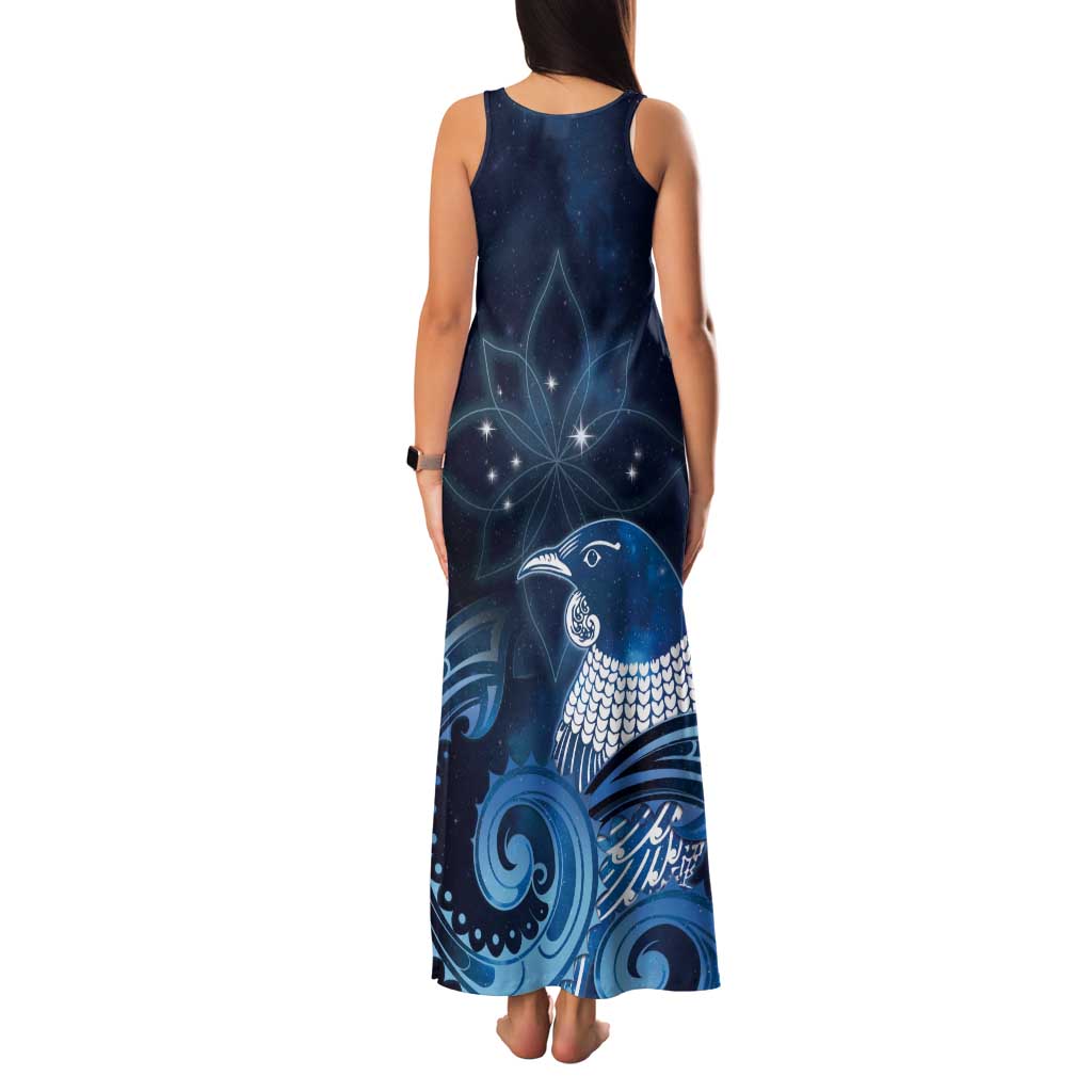 New Zealand Matariki Family Matching Tank Maxi Dress and Hawaiian Shirt Maori Tui Bird Blue Galaxy