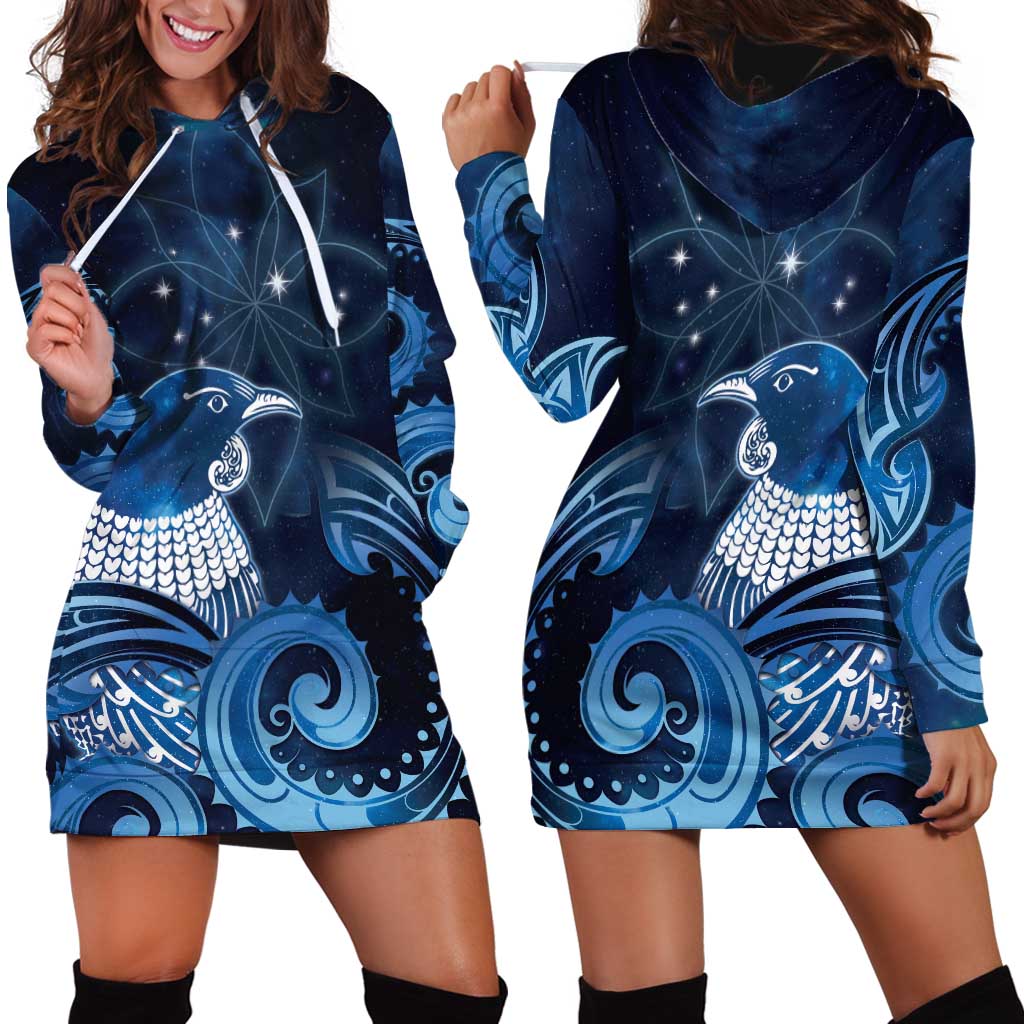 New Zealand Matariki Hoodie Dress Maori Tui Bird Blue Galaxy