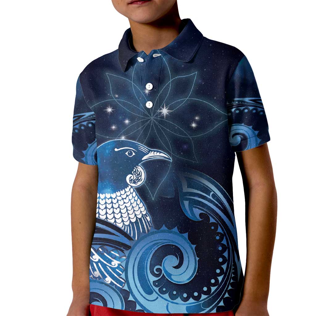 New Zealand Matariki Kid Polo Shirt Maori Tui Bird Blue Galaxy DT05 Kid Blue - Polynesian Pride