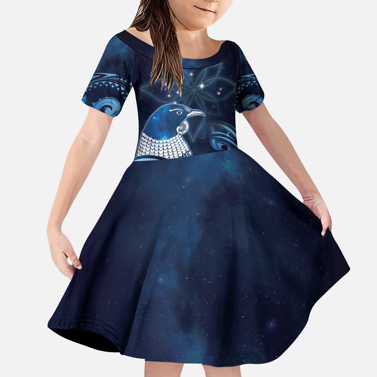 New Zealand Matariki Kid Short Sleeve Dress Maori Tui Bird Blue Galaxy