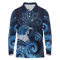 New Zealand Matariki Long Sleeve Polo Shirt Maori Tui Bird Blue Galaxy