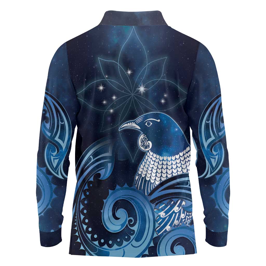 New Zealand Matariki Long Sleeve Polo Shirt Maori Tui Bird Blue Galaxy