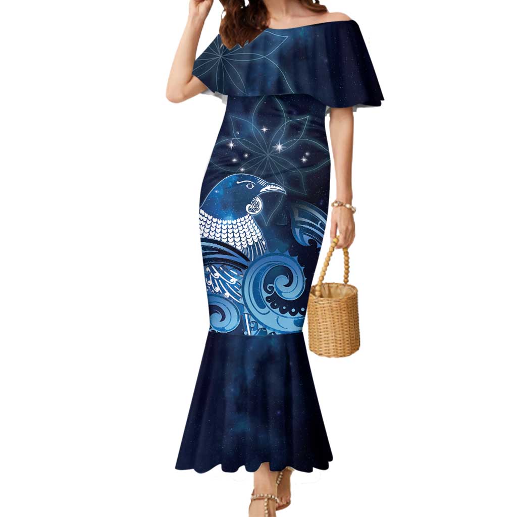 New Zealand Matariki Mermaid Dress Maori Tui Bird Blue Galaxy