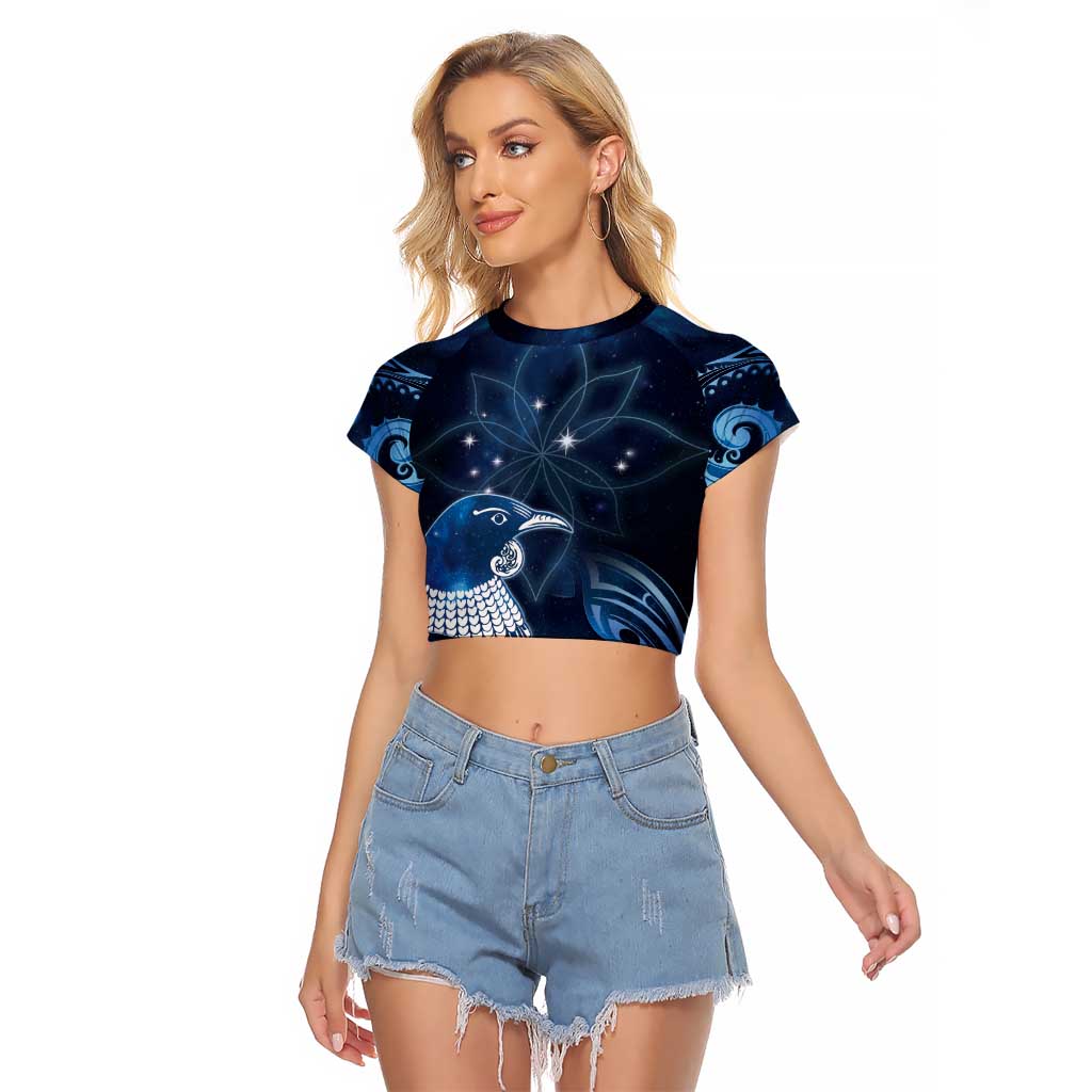 New Zealand Matariki Raglan Cropped T Shirt Maori Tui Bird Blue Galaxy DT05 Female Blue - Polynesian Pride