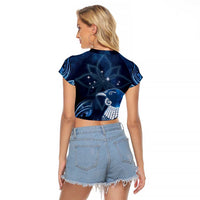New Zealand Matariki Raglan Cropped T Shirt Maori Tui Bird Blue Galaxy DT05 - Polynesian Pride