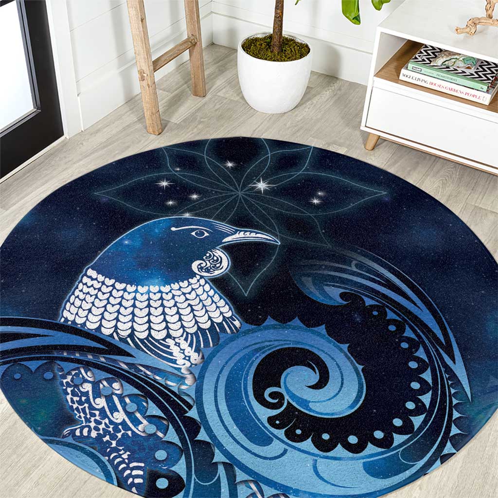New Zealand Matariki Round Carpet Maori Tui Bird Blue Galaxy DT05 Blue - Polynesian Pride