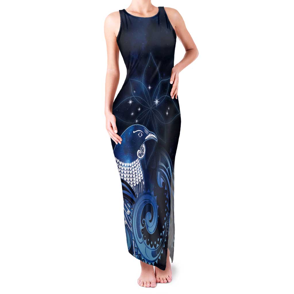 New Zealand Matariki Tank Maxi Dress Maori Tui Bird Blue Galaxy
