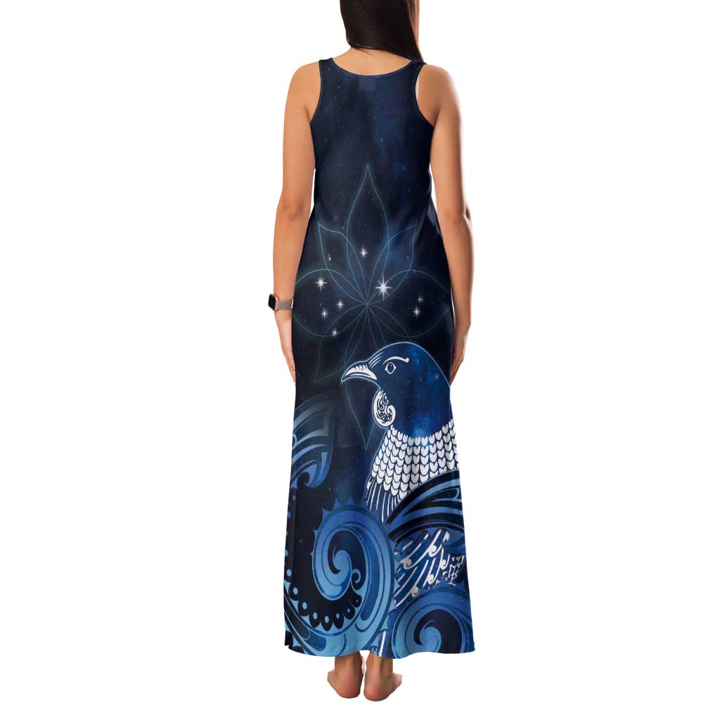 New Zealand Matariki Tank Maxi Dress Maori Tui Bird Blue Galaxy