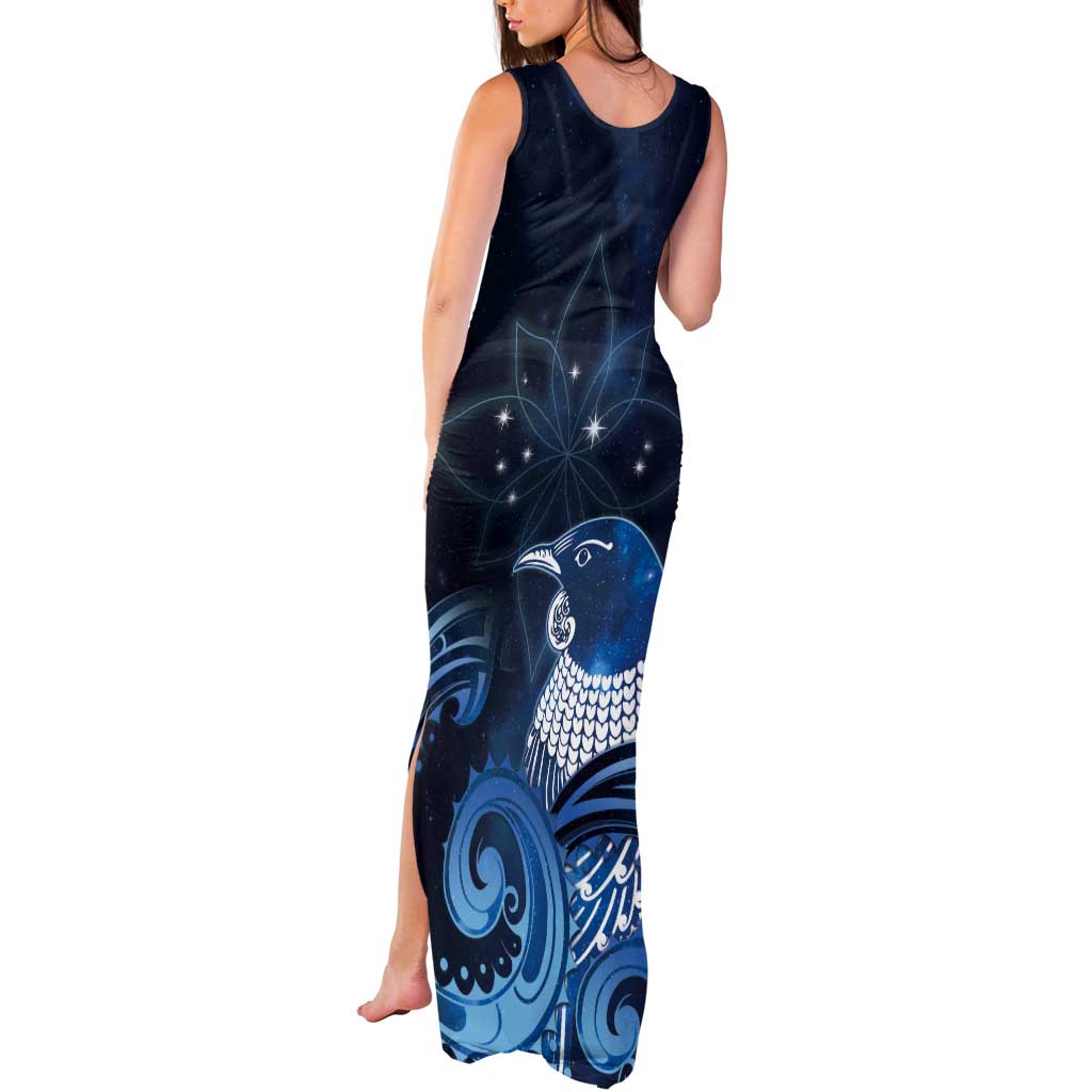New Zealand Matariki Tank Maxi Dress Maori Tui Bird Blue Galaxy