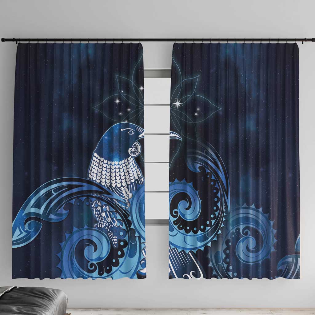 New Zealand Matariki Window Curtain Maori Tui Bird Blue Galaxy DT05 With Hooks Blue - Polynesian Pride