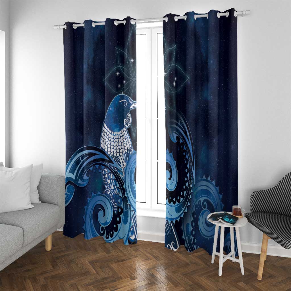 New Zealand Matariki Window Curtain Maori Tui Bird Blue Galaxy DT05 With Grommets Blue - Polynesian Pride