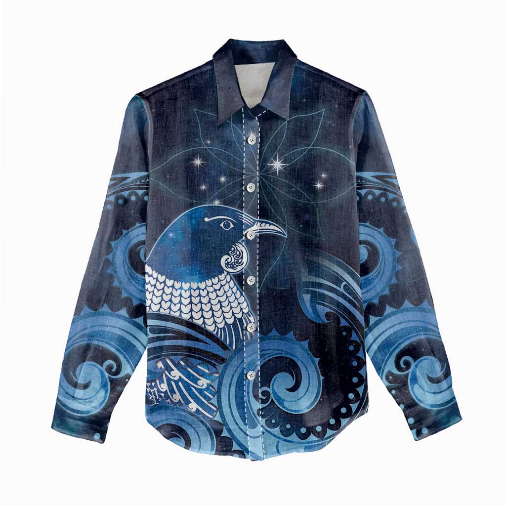 New Zealand Matariki Women Casual Shirt Maori Tui Bird Blue Galaxy