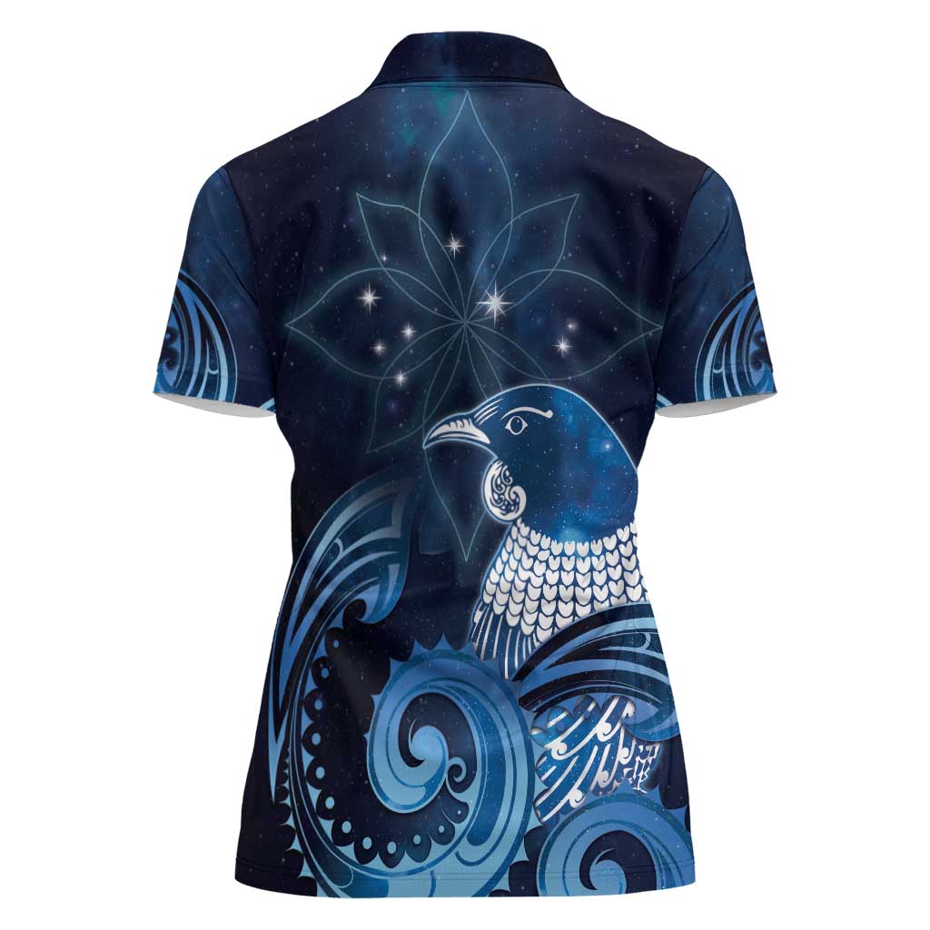 New Zealand Matariki Women Polo Shirt Maori Tui Bird Blue Galaxy