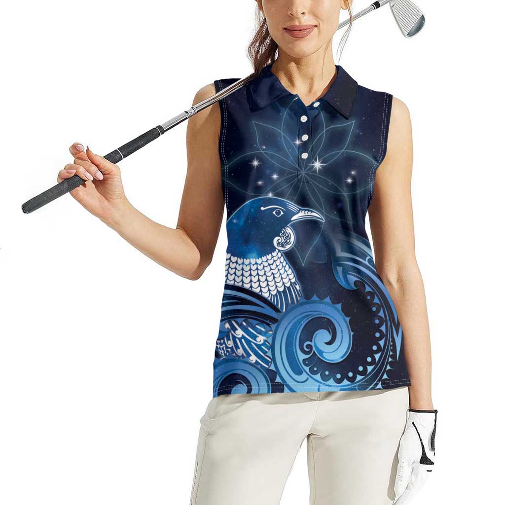 New Zealand Matariki Women Sleeveless Polo Shirt Maori Tui Bird Blue Galaxy